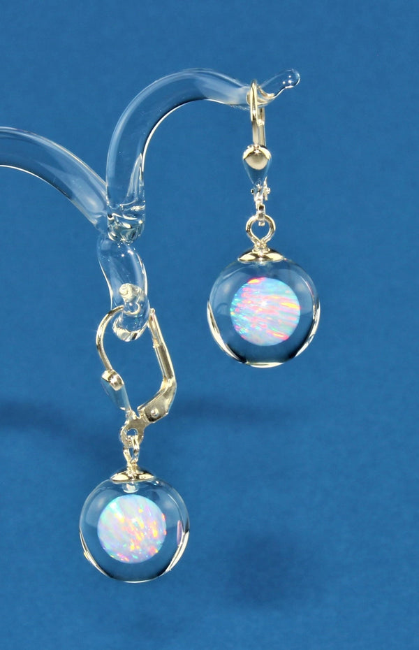 Ohrringe Kugel, Weißer -Türkisblauer Opal  Kristall , 585  Weissgold